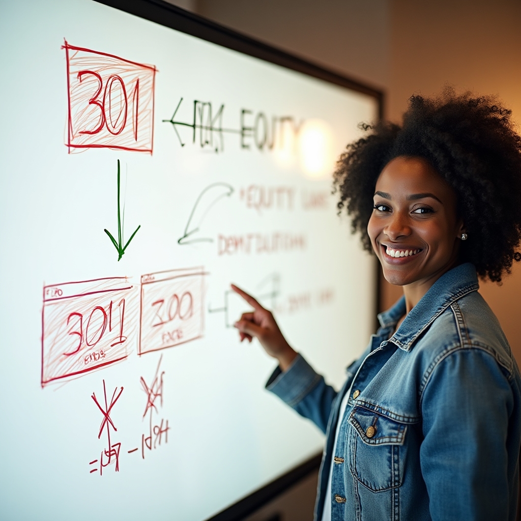 A whiteboard diagram showing link equity flow arrows, with a green path through a 301 redirect and a red terminated path through a 404 error, drawn by a technical publisher in a bright studio