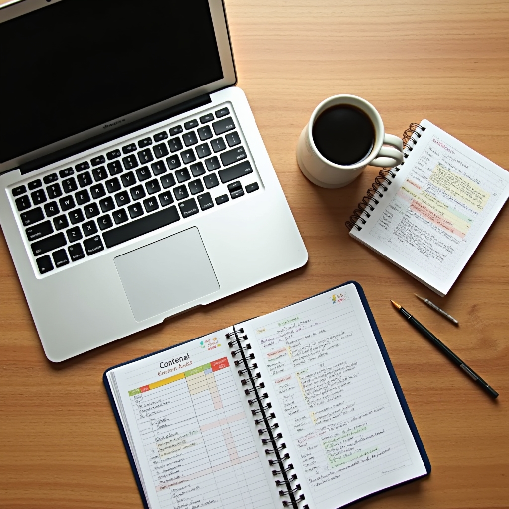 An overhead shot of a laptop with a spreadsheet showing color-coded content audit rows, with a notepad containing handwritten triage notes and a coffee cup beside it