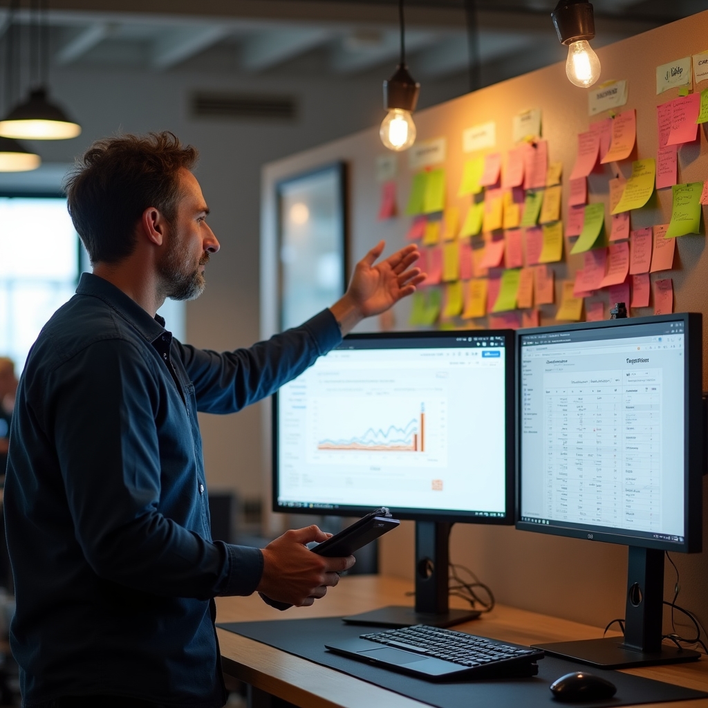A publisher working at a desk with two monitors, one showing a content audit spreadsheet and another showing Google Search Console data, with sticky notes organizing pages into priority groups