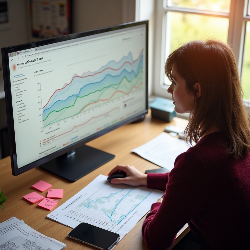 A researcher using Google Trends on a large monitor, comparing multiple keyword trend lines over a five-year period with printed research notes beside the keyboard